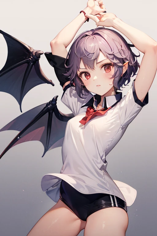 remilia scarlet、Petite、((1girl in))、simple background、shortsleeves、Dress style shirt、(((close range)))(Black gymnastics bloomers)+(White collared blouse)