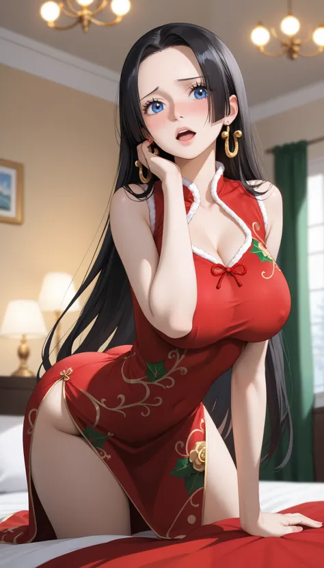 Boa_hancock, long hair, black hair, earrings, large breasts, one piece, photorealistic, detailed coloring, anime style, detailed high quality, chromatic aberrations, ultra detailed quality skin, detailed ray tracing lighting, masterpiece、 best quality、mast...