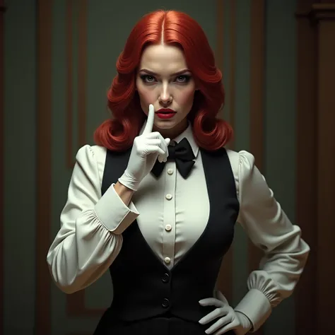  beautiful busty woman, standing, red hair with centre parting, wearing white shirt, black waistcoat, black bow tie, white gloves, she has a very SERIOUS face staring at us SHHH!