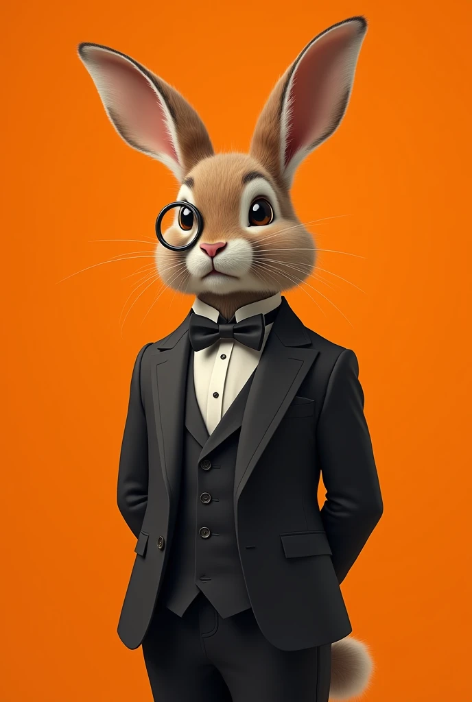 Create a rabbit butler with a monocle with an orange background 