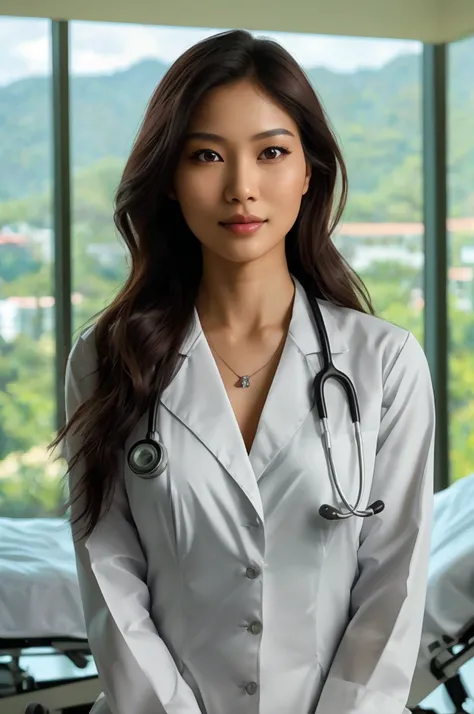 Thai woman in checkerboard bikini with white lab coat with hospital emblem on the collar of long coat, posing for a photo. Tall, slim Thai woman, 30s, dark brown hair, stethoscope slung over shoulder, standing in front of doctors examination room, glass wi...