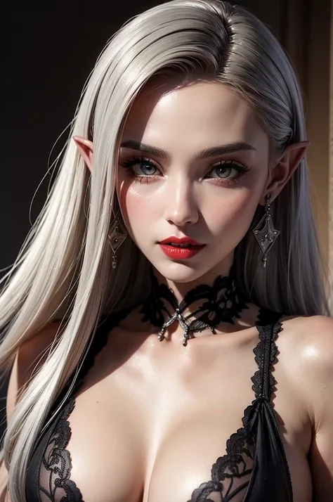 Vampire, Italian, mafioso, Mature female, Long Hair, grey hair, Gradient Hair, Straight Hair, V-Shaped Eyebrows, Detailed Figure, Beautiful Detailed Eyes, breasts, medium breasts, pointy ears, amber eyes, almond eyes, ashen skin, Deep Skin Color, yuri, Per...