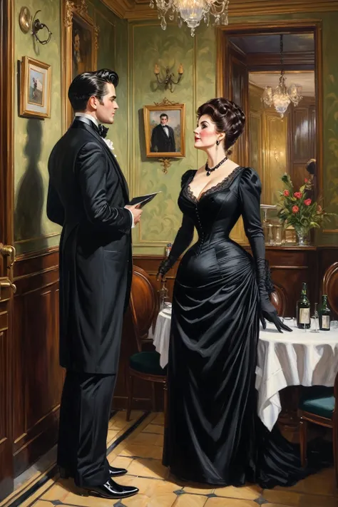 Full body view, a tall voluptuous buxom, fully figured, mature victorian widow in a black dress having a  conversation with a young handsome dandy by the cloakroom of an elegant restaurant , oil painting 