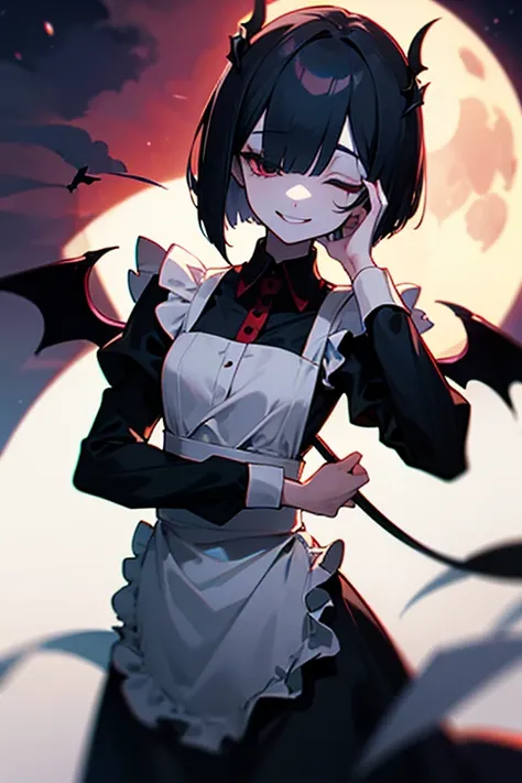  closes the eye, black hair, short bob , white skin, slender ,woman,Blind, closes the eye,Black long sleeve maid outfit,Full moon night,Devilish smile,vampire