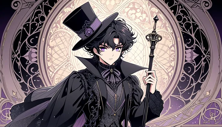 Create a gorgeous anime-style illustration of a full-body male magician in Gothic style. He wears a top hat on his head and holds an ornate walking stick. The design incorporates Gothic elements such as lace, ribbons and Victorian details to create an eleg...