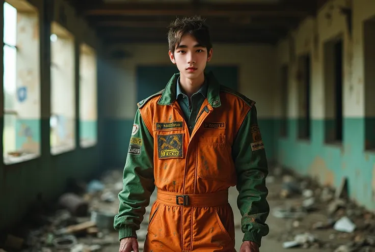 a man in an orange and green racing suit, in a dilapidated room, detailed facial features, photorealistic, cinematic lighting, realistic textures, highly detailed, 8k, best quality,  masterpiece Clothes Cracked，dirty，War Damage Condition 