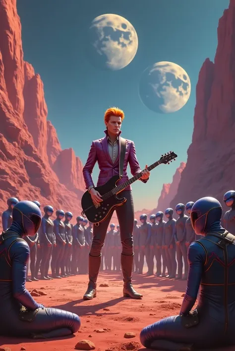 David Bowie on Mars giving concert to many marsian people 
