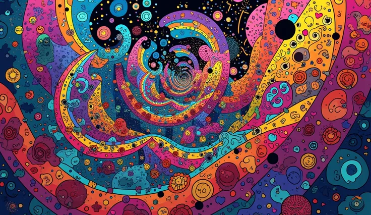 Abstract artwork, vibrant and colorful.  A complex composition of swirling shapes, lines, and patterns.  Geometric forms with various colors including bright blues, pinks, purples, yellows, oranges, and greens are interwoven.  The style is bold, intricate,...