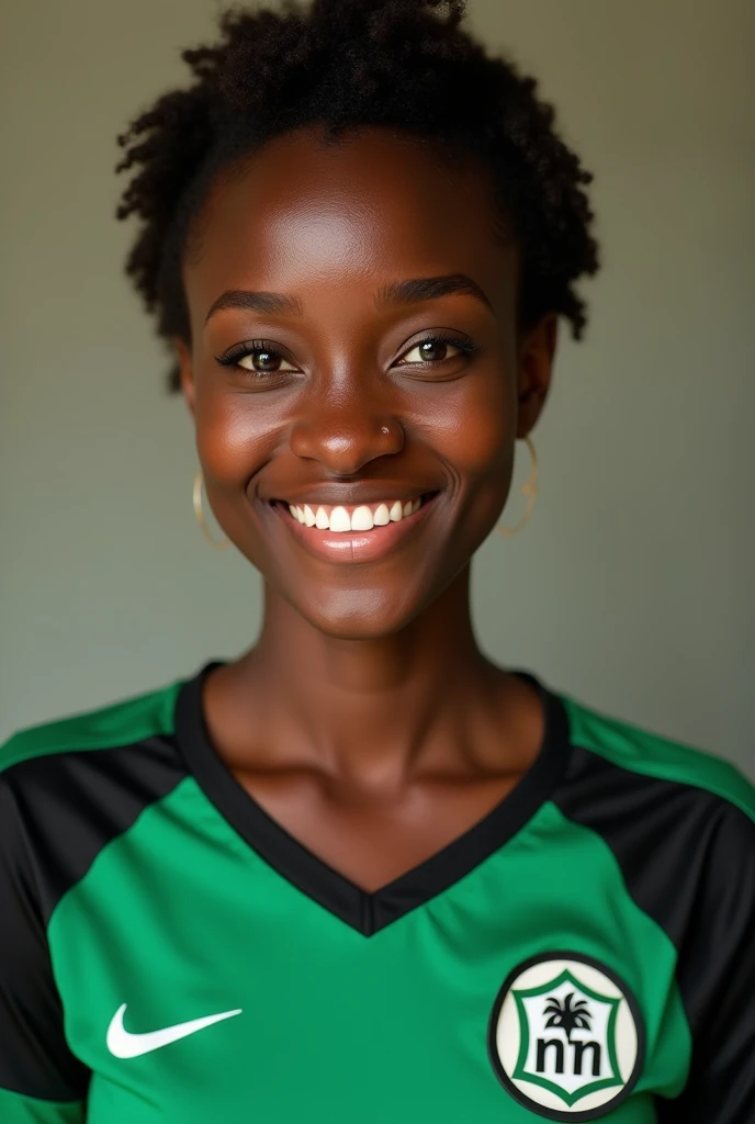  A beautiful woman with Nigerian features , with dark skin ,  short and soft black hair ,  she wears a serene and confident expression as she poses for the photo .  She wears the shirt of the Nigerian national team,  with the traditional colors green and b...