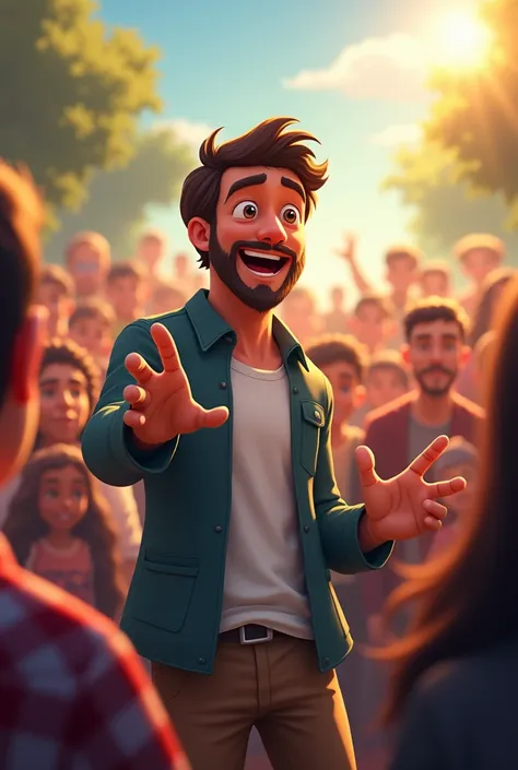 • A dynamic shot of the narrator engaging with the audience, pointing towards the camera with enthusiasm
• Background elements that suggest community and connection, such as people gathered together
Bright, inviting colors to create an uplifting atmosphere...