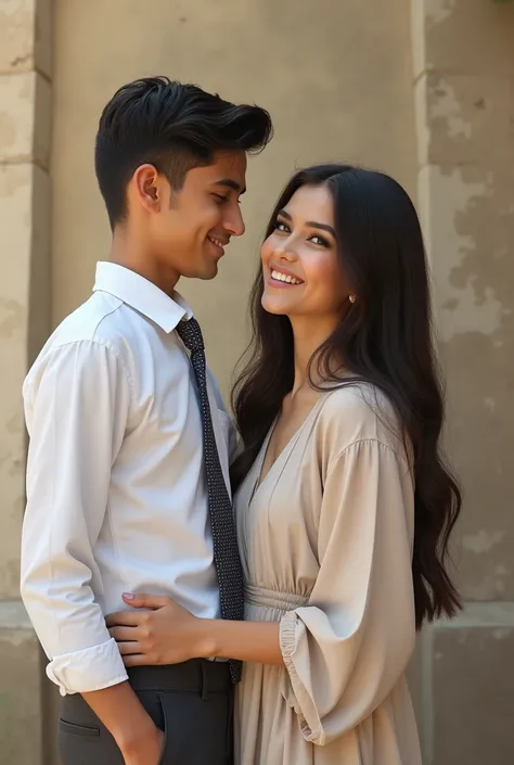 An image in 8k high resolution of a 19-year-old Pakistani muslim boy and 25-year-old Pakistani muslim girl. The boy is depicted as cute and is dressed in a realistic shirt and tie trousers. The girl is depicted as beautiful and happy, she is similarly dres...