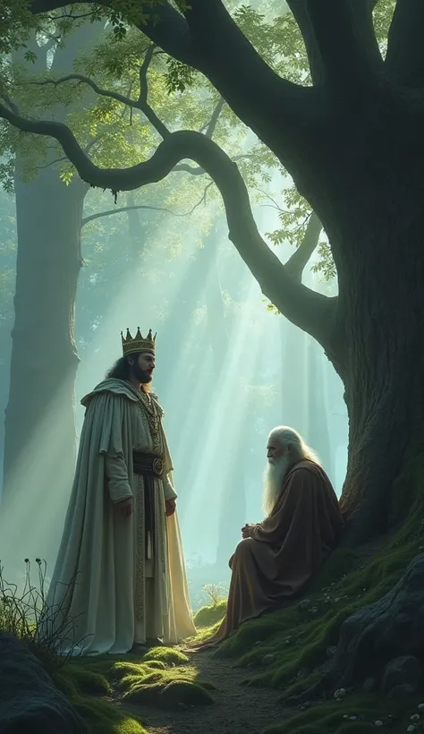 A misty forest with a regal king walking alone, encountering an elderly hermit sitting calmly under a tree.
