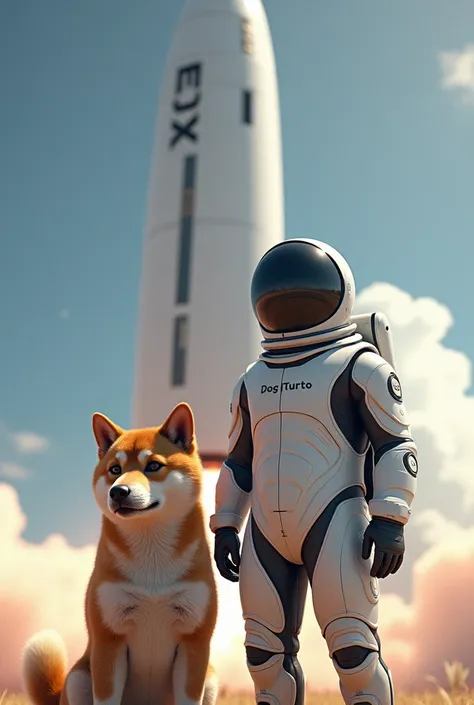 DogTurbo Shiba and Elon Musk wearing Space X costumes prepare for the launch of the DogTurbo Rocket 
