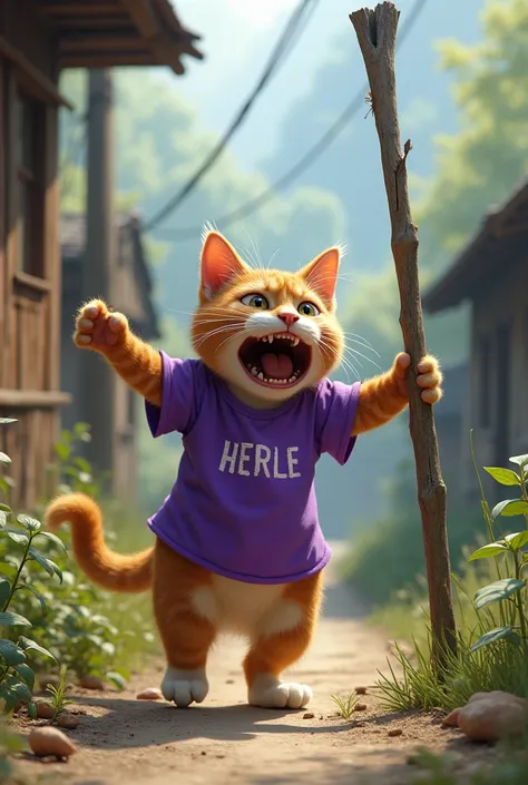 A cat walking on the side of the road wears a purple shirt and breaks the wood while crying