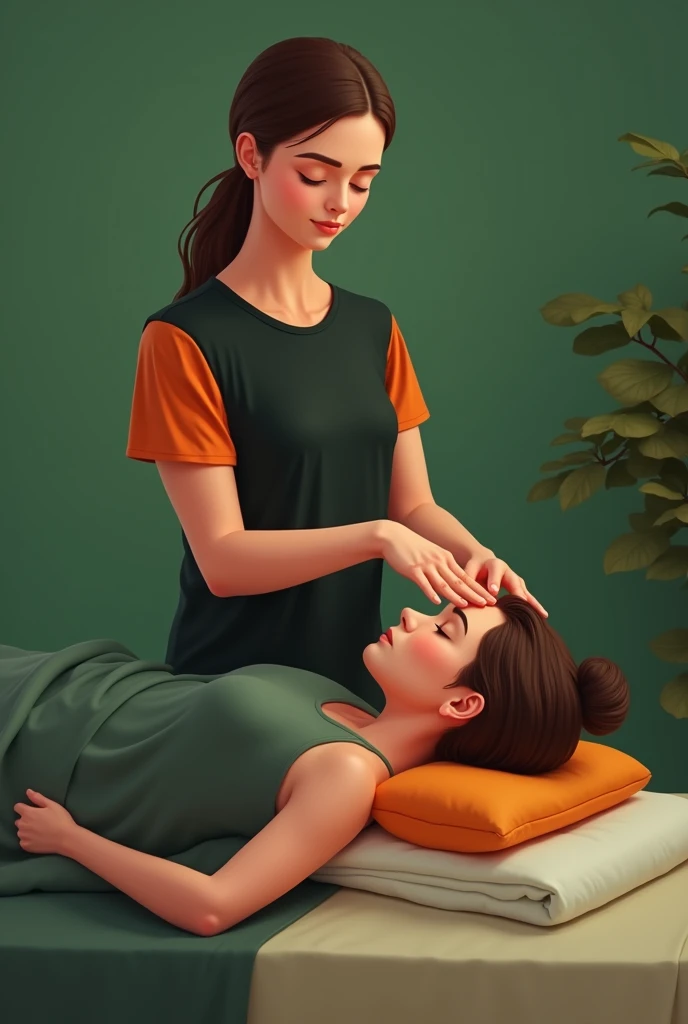 Ayurveda,head massage, patient in sitting position,therapy standing, therapy wear black and orange t-shirt,doing head massage , background in green