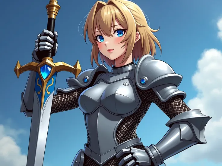 Anime, only (lady in fishnet bodysuit with chainmail on the breast and the bottom)
(Suit of armor, two piece armor over the fishnet bodysuit and chainmeal )
(Breast size cup 29 b skin color brown Blonde Hair, Hair Over One Eye, )
(Weapon sword of Excalibur...