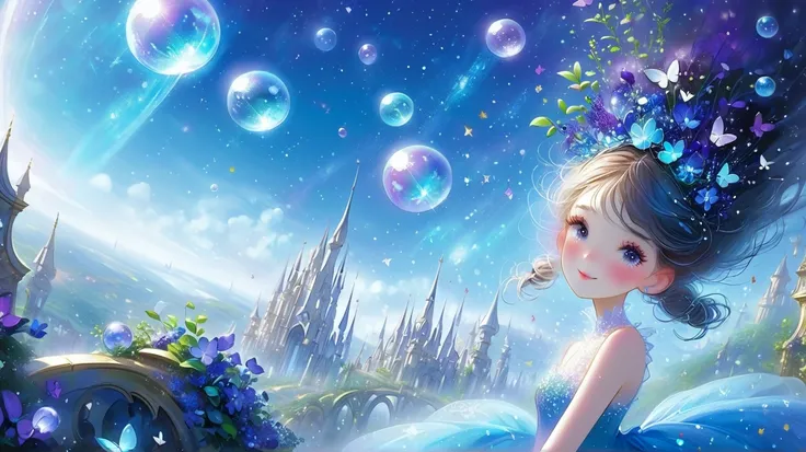 ((Beautiful Girl))Under the starry sky, a different world is filled with purple crystals and fantastical plants. Blue mist drifts through the air, and the floating islands are decorated with shining structures. Balls of light and butterflies float silently...