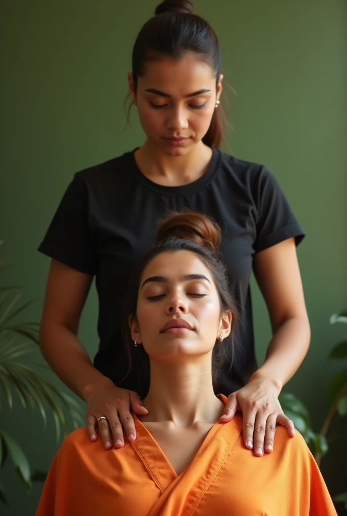 Ayurveda,head massage, patient in sitting position,therapy standing, therapy wear black and orange t-shirt,doing head massage ,  using oil for head,background in green