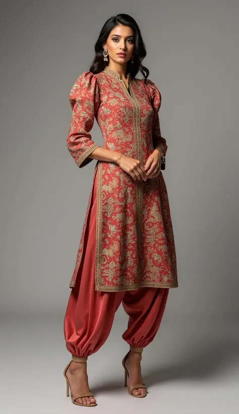 a tall and striking woman exudes confidence and charm with a flirtatious expression. she is adorned in a stunning punjabi style slimfit outfit featuring a multicolor pashmina fabric with high neck kurti paired with a matching dhoti style shalwar.the kurti ...