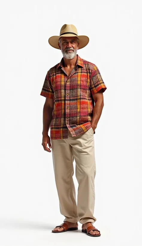 ( top quality,  Masterpiece  :1.3, super high resolution,),( Ultra Details , caustics ),(Photorealistic 4k）A man in a colorful  check printed shirt inspired by traditional patterns, beige linen trousers, leather sandals, and a straw hat.white back ground.