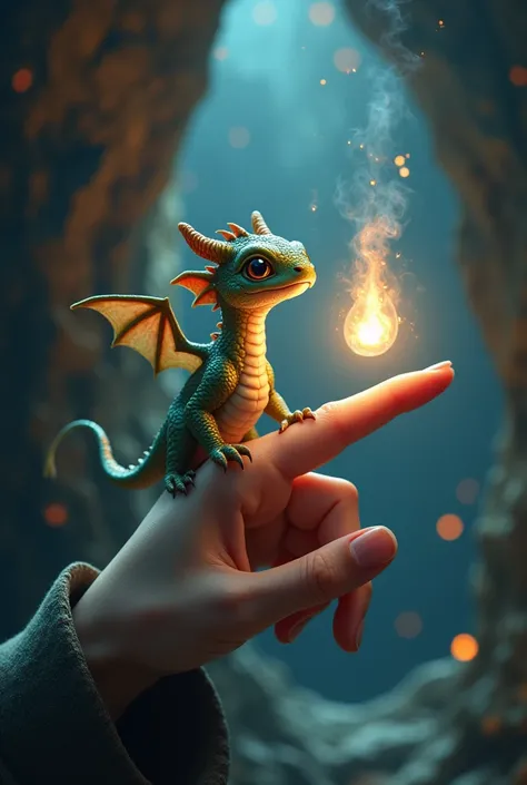 "A baby dragon with shimmering scales and small wings, sitting on a persons finger, blowing a tiny spark of fire in a magical cave."