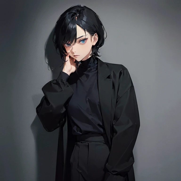 (  Masterpiece  ,  top quality:1.5)、（8k）、Leaning against the wall,   androgynous  person,  wearing black contemporary clothes ,  androgynous , Wearing black clothes, Tight black clothes, Wearing black clothesいました, Total body length, Woman&#39;s whole body、...