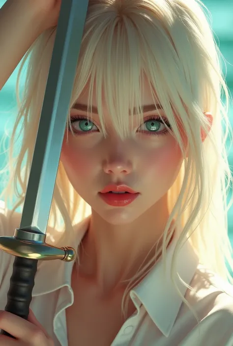 nswf, face view, focus on face, zoom face, long blondy hair, blue eyes, bright light background, hand holding sword, sword blade in front of left eye, white shirt, white pantyhose, ultra realistic, Photographic, Gwen Stacy, crystal clear water, bright sun ...