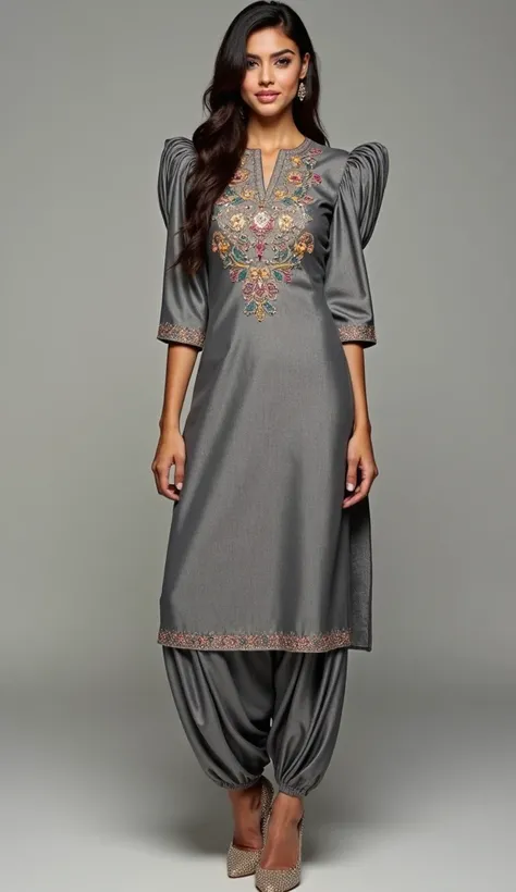 a tall and striking woman exudes confidence and charm with a flirtatious expression. she is adorned in a stunning punjabi style slimfit outfit featuring a grey shimmer shiny metallic polyester fabric multicolor handwork on yoke with high neck kurti paired ...