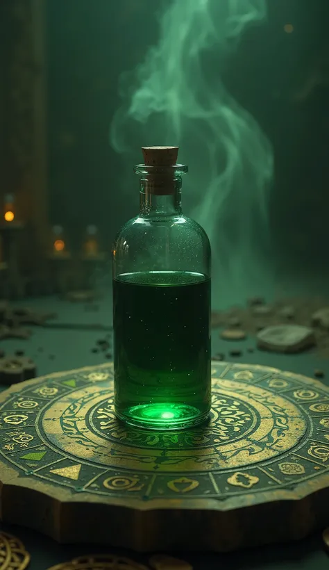 "Create an image of a single vial of potent poison (Baasanam), placed delicately on a sacred altar. The vial should be made of dark, translucent glass, with a deep green or black liquid inside, symbolizing its powerful and dangerous nature. The surrounding...