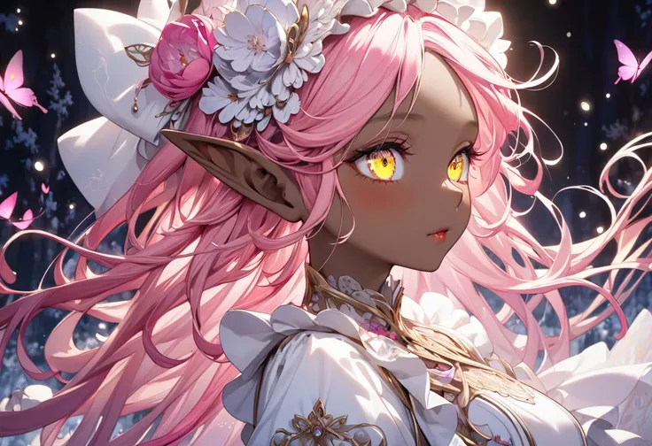 (beautiful and delicate) (Spectacular views illustration), in a beautiful Head Maid clothes, (profile:1.3, looking away), (close up face, focus face), break, (darkness brown skin), (solo, age 1000) (delicate Dreadlocks:1.5 vivid pink hair), (ultra beauty l...