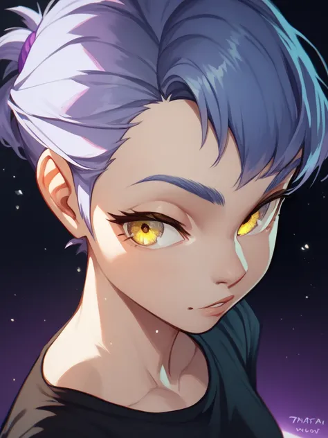 score_9, score_8_climb, score_7_climb, score_6_climb, score_5_climb,  Lhta 4564 , 1 girl,  Short hair tied with 2 blue side with purple reflection,  Black shirt with purple reflection ,  Yellow Eyes , Light blue skin with light purple reflection ,Dark blac...