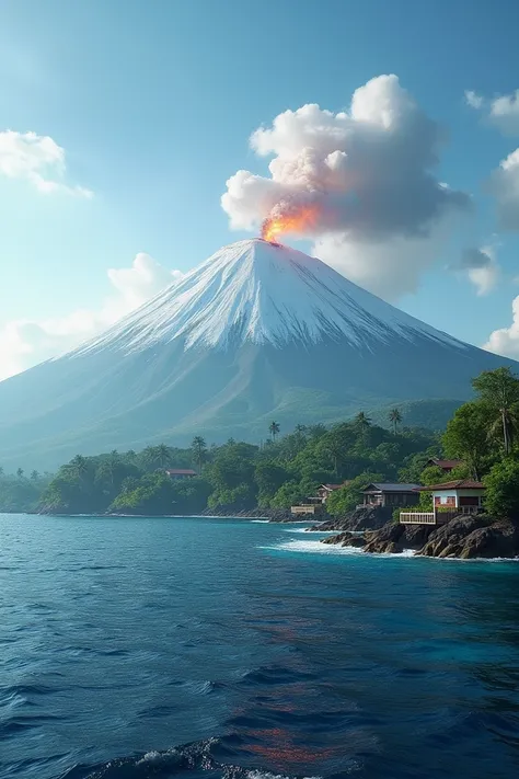 Snowy-capped volcano,Erupting little bit, on an island, with village, trees, taken on a boat on ocean, real-world image, 8k ultra hd