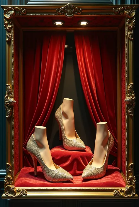 Create a shop window for shoes .  The shop window must look as if it were from the art period of baroque.  Do it the size of a shoe box. 