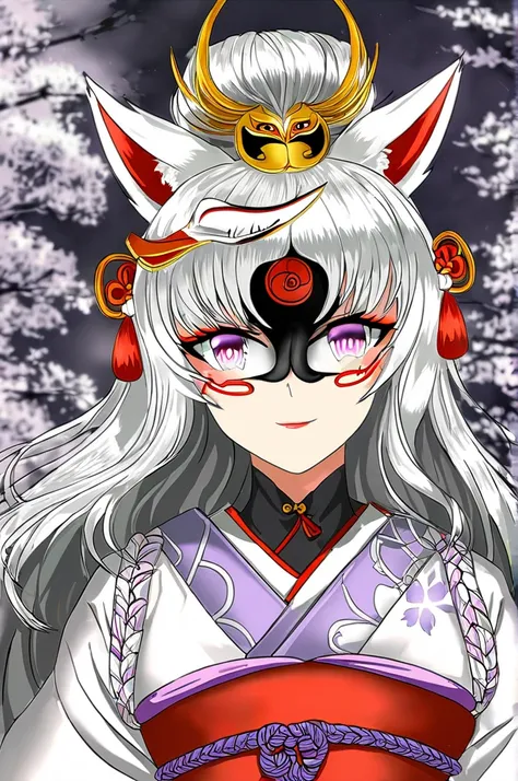 woman in kitsune mask, white hair up, part of hair down, japanese costume, traditional japan, face under mask not visible1 девочка, Соло, Длинные волосы, Высокое разрешение, Очень длинные волосы, Ювелирные изделия, Украшение для волос в виде бантика, Колок...