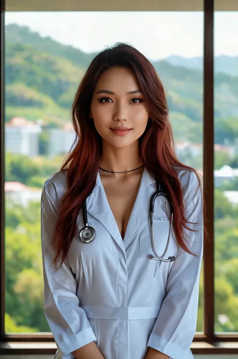 full body ,Thai-chinese-russian woman in checkerboard bikini with white lab coat with hospital emblem on the collar of long coat, posing for a photo. Tall, slim Thai woman, 20s, dark red hair, medium breasts,  stethoscope slung over shoulder, standing in f...