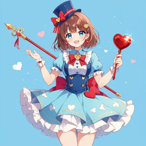 A whimsical anime-style girl in a fantasy-themed outfit, featuring a blue dress with heart motifs and a playful design, with a clock-like heart symbol in the center. She wears a blue top hat decorated with a heart and a red bow, and her short brown hair ad...