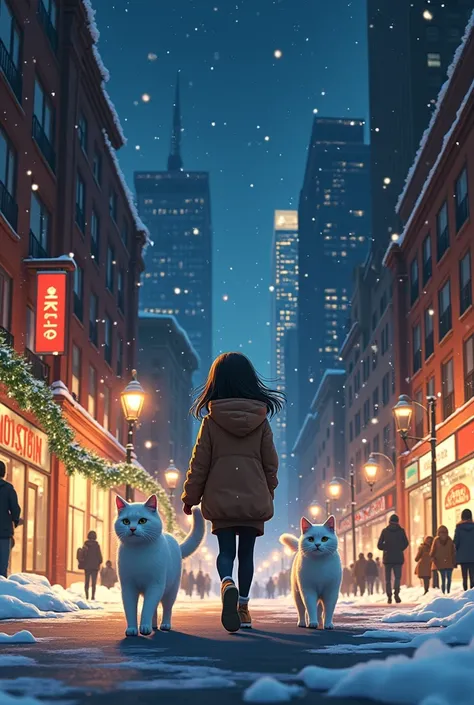 A high school girl, grade 12, and two white cats are walking around the city at night on Christmas Day. 