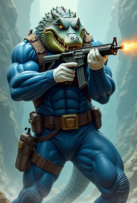 (A rugged beefy very muscular bulky crocodile man), (wearing blue wetsuit), shooting with rifle,  wearing bulky scuba gear, muscular physique, toned muscles, fierce, heroic, action, comic artstyle, bulky best quality, wearing white combat gloves. wearing g...