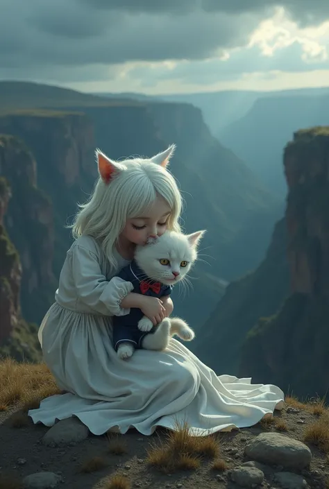 "On the edge of a deep valley, a female anthropomorphic white cat, named Ella, kneels beside a young white kitten named Max,Max is wearing a school uniform, whose body is lying motionless and injured. Ella, dressed in a flowing white gown, holds Max close,...