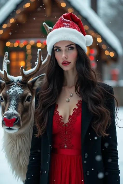 Real photo of beautiful woman ,white skin, long hair, negro,  in red dress and black coat ,  Santa Claus hat,  pulling a beautiful big red-nosed reindeer ,  behind her a cabin adorned with Christmas lights,  snowflakes falling on her 