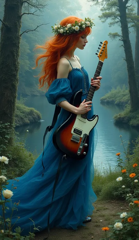 A melancholic gothic girl, clad in a flowing blue dress and adorned with a delicate wreath of white flowers, stands with fiery red hair cascading over her shoulders while clutching an electric guitar in her hands. The backdrop is a serene yet mysterious la...