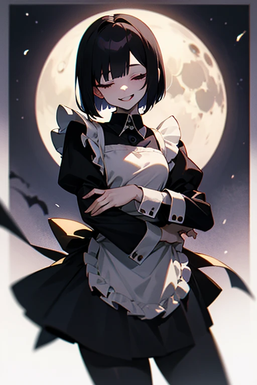  closes the eye, black hair, short bob , white skin, slender ,woman,Blind, closes the eye,Black long sleeve maid outfit,Full moon night,crazy smile,vampire,mouth pull