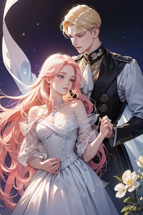 A captivating watercolor art piece presents a close-up image of a man with blonde, pomade hair, holding a woman with long pink hair locks from behind. The woman is dressed in a lovely white dress, accentuated by the shimmering diamond necklace around her n...