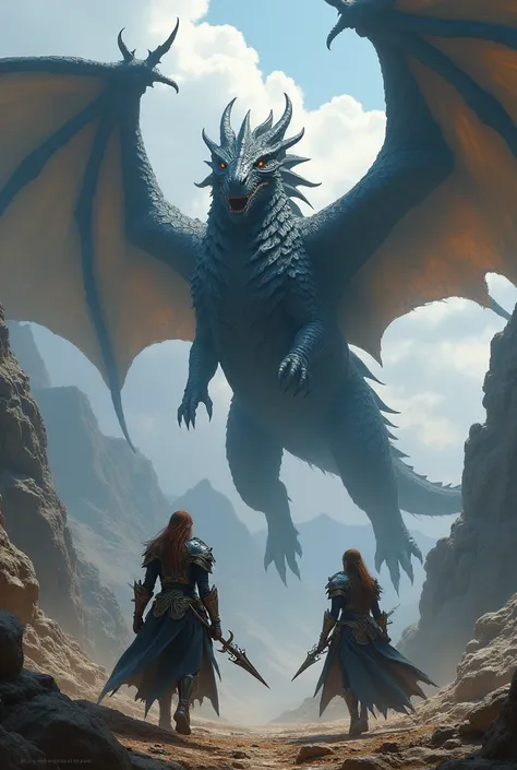 giant black dragon, 2 female warriors