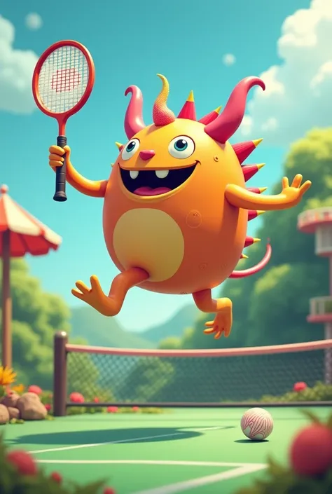 create a cute hanging inflatable monster holding badminton 