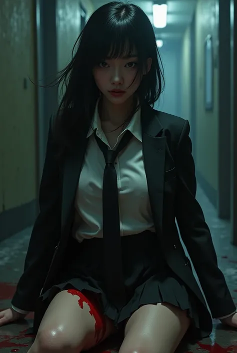 A beautiful Asian woman, blazer with tie, pleated micro miniskirt, long boots, suffering expression, crying, heavy bleeding from her thighs, (((knife piercing her thigh))), man stabbing her thigh with a knife,(best quality,4k,8k,highres,masterpiece:1.2),ul...