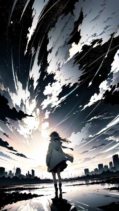 anime, anime art, girl, night, city, sky, clouds, anime sky, 4 k manga wallpaper, anime background, from arknights, ( ( makoto shinkai ) ), by Tetsugoro Yorozu, cosmic skies. by makoto shinkai, anime atmospheric, atmospheric anime, absolutely outstanding i...