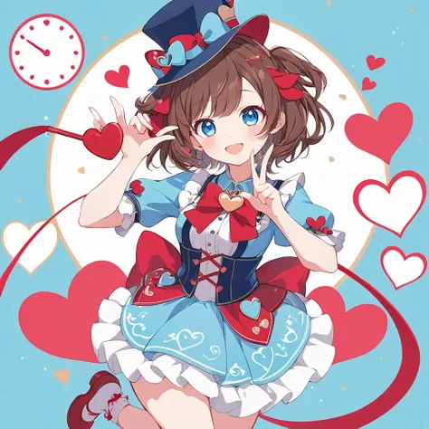 A whimsical anime-style girl in a fantasy-themed outfit, featuring a blue dress with heart motifs and a playful design, with a clock-like heart symbol in the center. She wears a blue top hat decorated with a heart and a red bow, and her short brown hair ad...