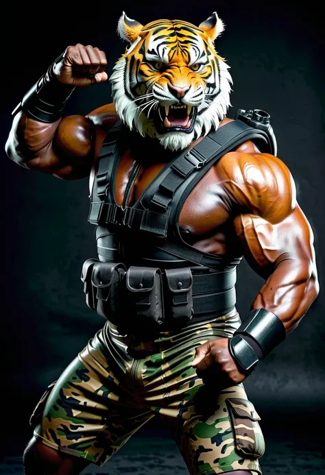 (a dark-skinned very muscular fat old man in a bulky camouflage zipper combat diver suit), (wearing realistic roaring siberian tiger mask), wielding rifle, muscular, Basuki Abdullah, sumatraism, action, a character portrait, heroic, fierce, snarling, dynam...