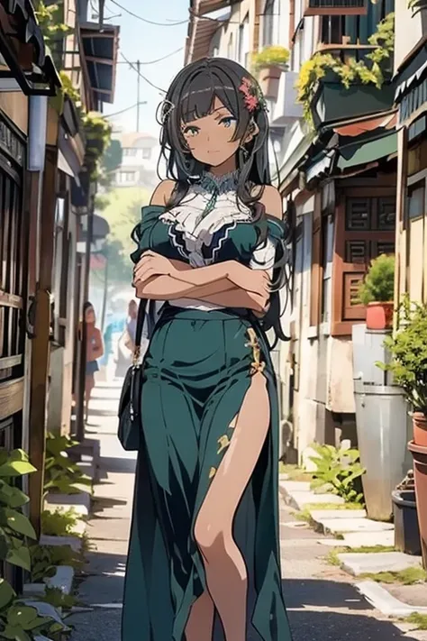 {{{solo}}}, (((greek clothes)))), (((dark skinned))), black long_hair, (((blunt bangs))), (((dark green eyes))), (((solo))), (((1_beautiful_girl))), beautiful_face, good_anatomy, best_quality, beautiful, Tione Hiryute(danmachi), large breasts, (masterpiece...